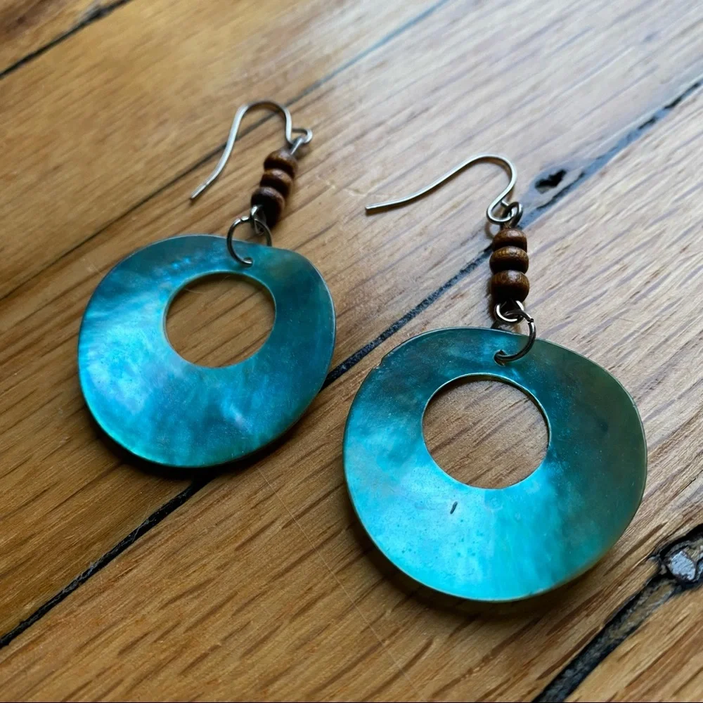 Shell and Wooden Bead Drop Earrings, Silver Hooks, Modcloth